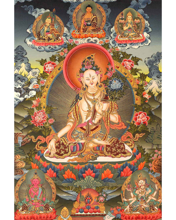 White Tara Original Hand-Painted Thangka | Kwan Yin Female Goddess