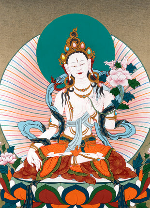 White Tara With Amitayus and Namgyalma Thangka | Long Life Deities | Tibetan Art