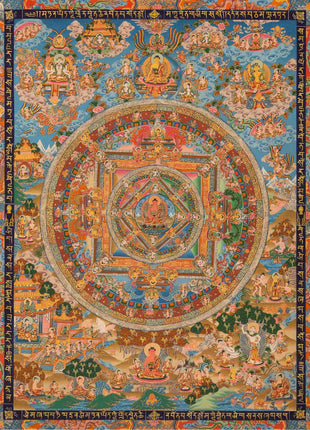 Buddha life Mandala With Buddhist Mantra Border | Unique Hand Painted Tibetan Art