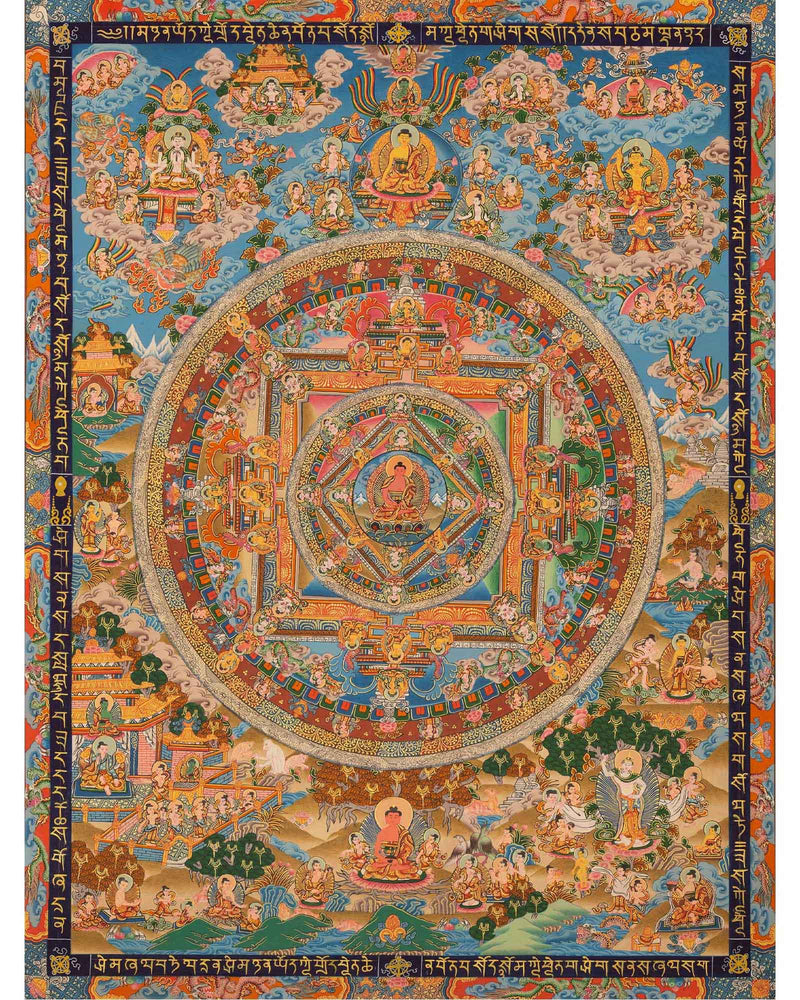 Buddha life Mandala With Buddhist Mantra Border | Unique Hand Painted Tibetan Art