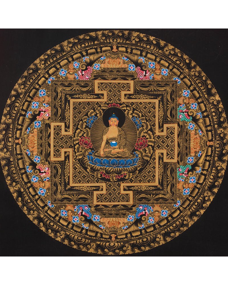 Full 24K Gold Style Shakyamuni Buddha Mandala Thangka | Wall Hanging Yoga Meditation Art