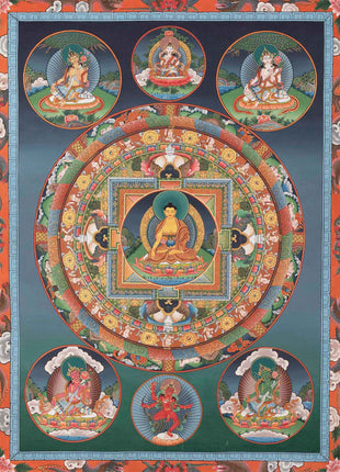 Round Buddhist Mandala Painting | Vintage Thanka for Meditation