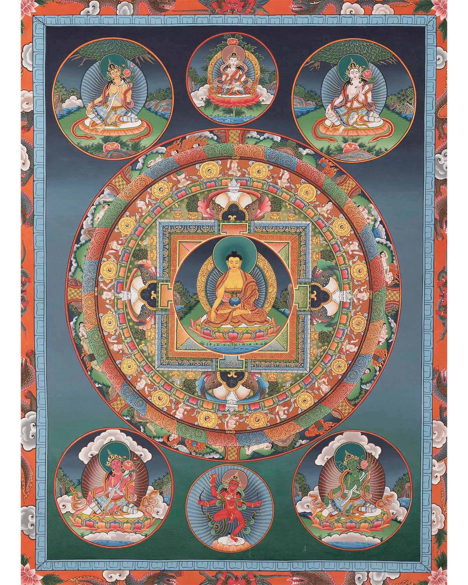Round Buddhist Mandala Painting | Vintage Thanka for Meditation