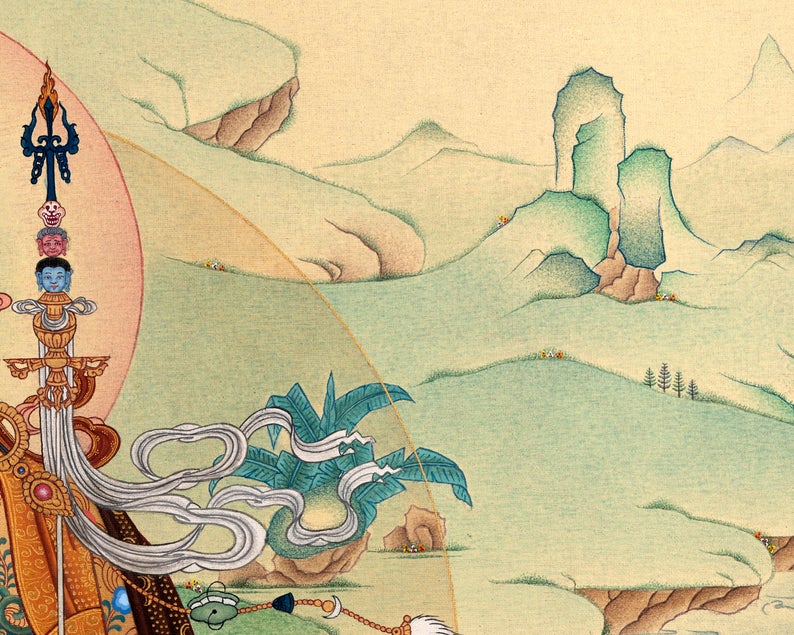 Guru Rinpoche, Padmasambhava Thangka Painting, Tibetan Buddhist Painting in Natural Stone Color & 24K Gold