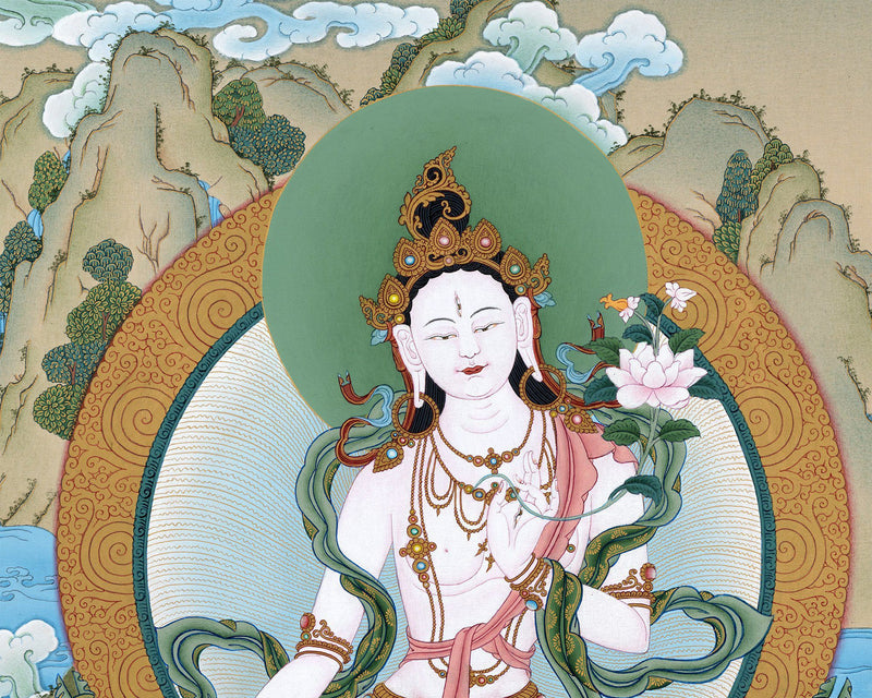 White Tara Thangka, Traditional Hand Painted Gold Tara Painting, Vajrayana Buddhist Art