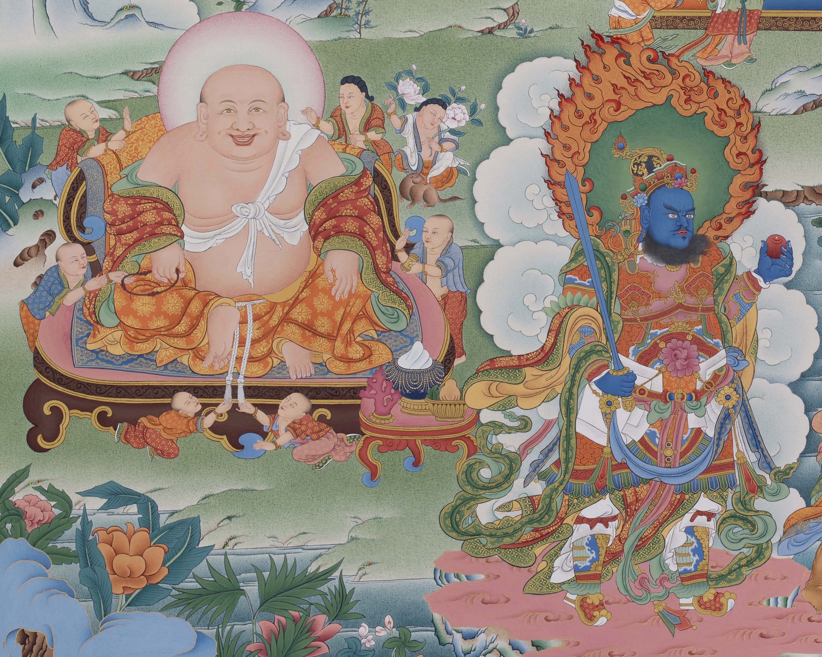 Buddha Shakyamuni with 16 Arhat Thangka, High Quality Giclee Canvas Print, Digital Print