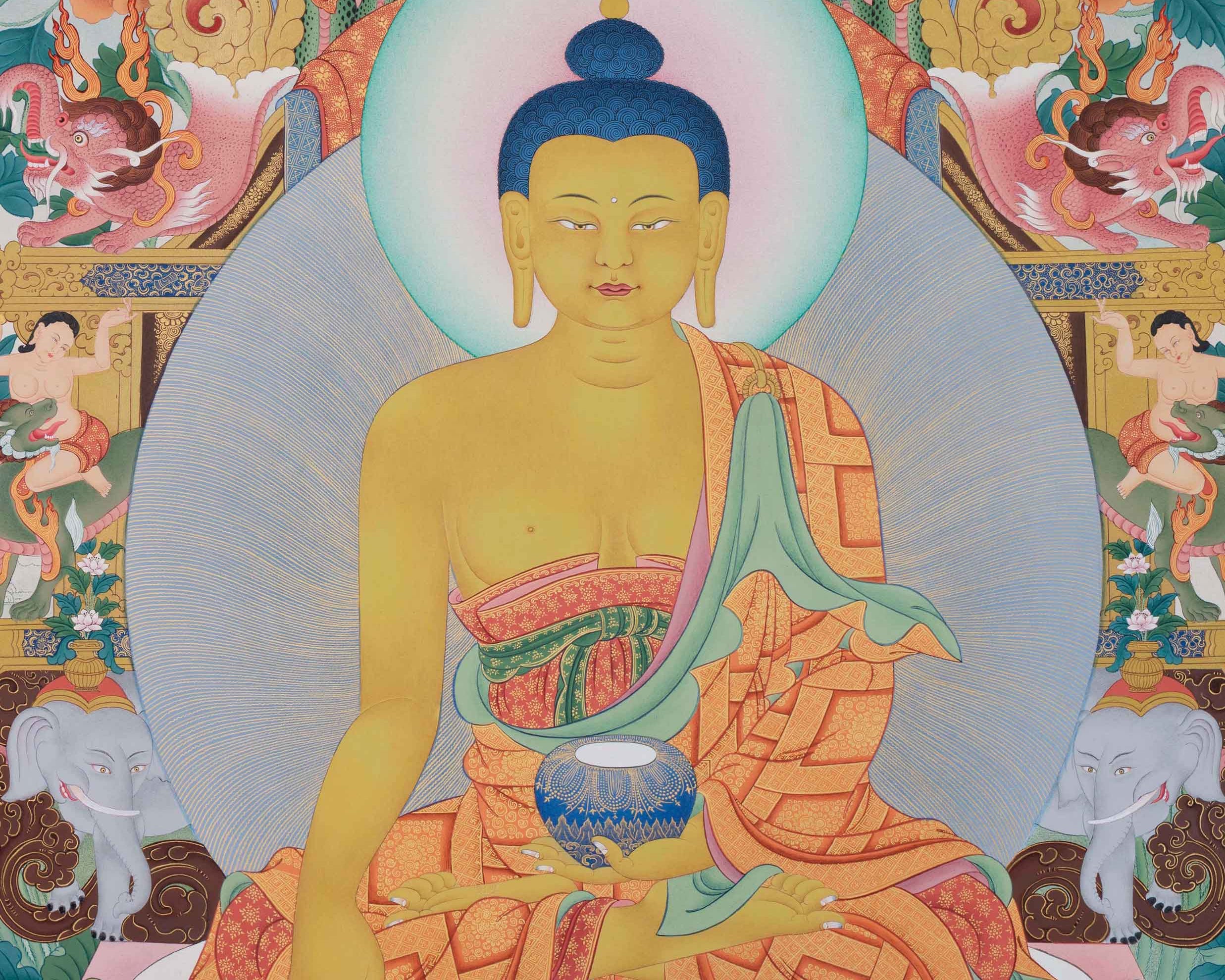 Buddha Shakyamuni with 16 Arhat Thangka, High Quality Giclee Canvas Print, Digital Print