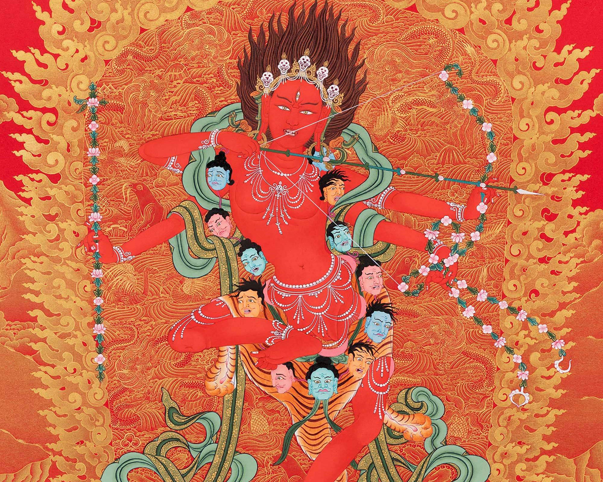 Rare Kurukulla Thangka With Ganesh and Takiraja, Dakini Thangka Painting, High Quality Giclee Canvas Print, Digital Print
