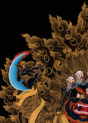 Mahakala Bernagchen Thangka, Traditional Black & Gold Tibetan Thangka Painting, includes Traditional Silk Brocade