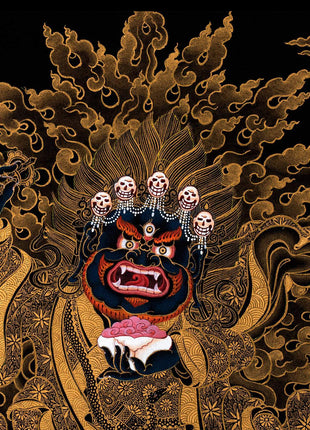 Mahakala Bernagchen Thangka, Traditional Black & Gold Tibetan Thangka Painting, includes Traditional Silk Brocade