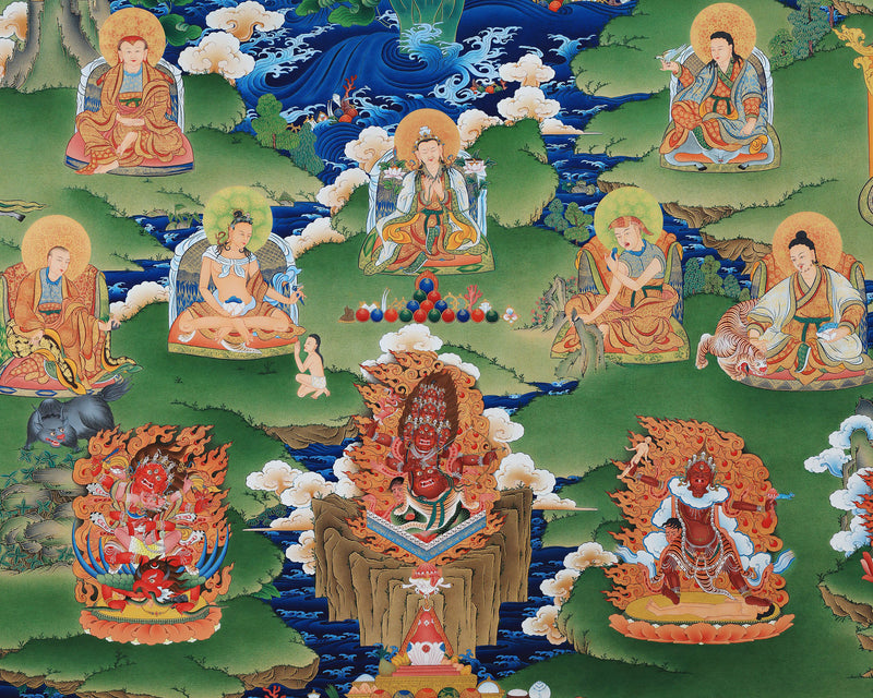 Guru Rinpoche Thangka, Eight Manifestation and 25 Disciples of Guru Padmasambhava, High Quality Giclee Canvas Print, Digital Print