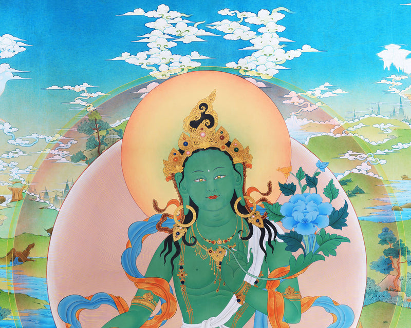 Green Tara Thangka Painting, Tibetan Tara Buddhist Art,  High Quality Giclee Canvas Print, Digital Print, Tara