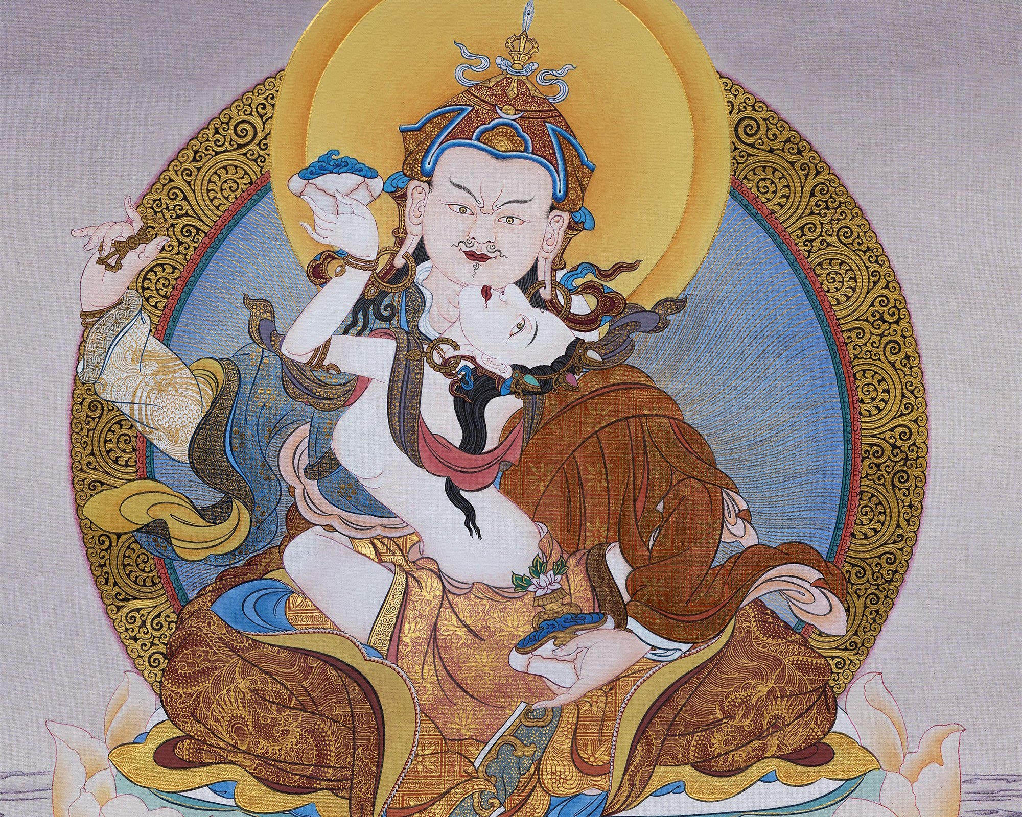 Guru Padmasambhava With Consort | Tibetan Thangka Painting