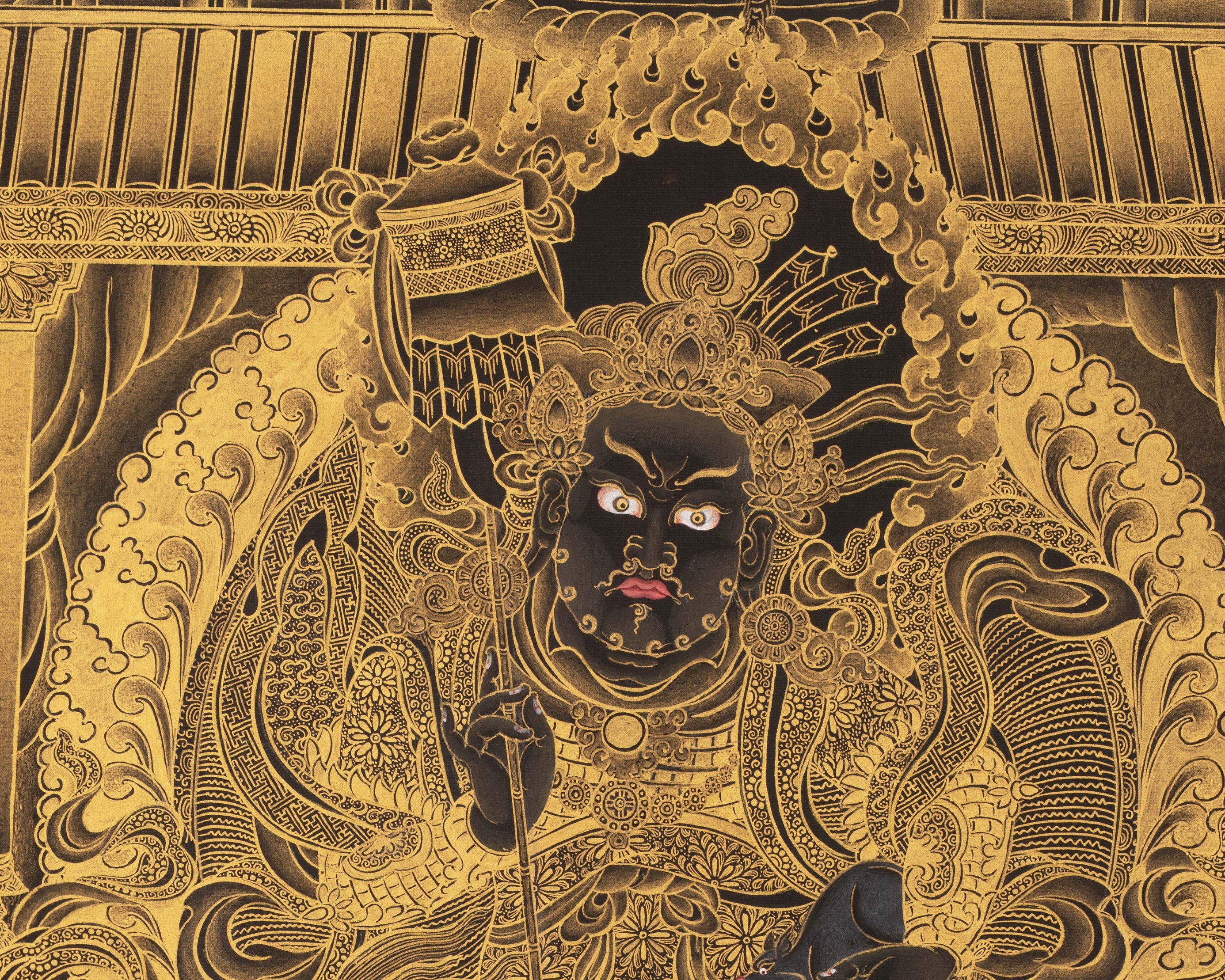 Yellow jambala Thangka, High Quality Giclee Canvas Print Digital Print, Black and Gold Thangka
