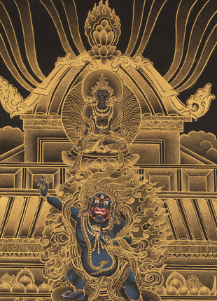 Yellow jambala Thangka, High Quality Giclee Canvas Print Digital Print, Black and Gold Thangka