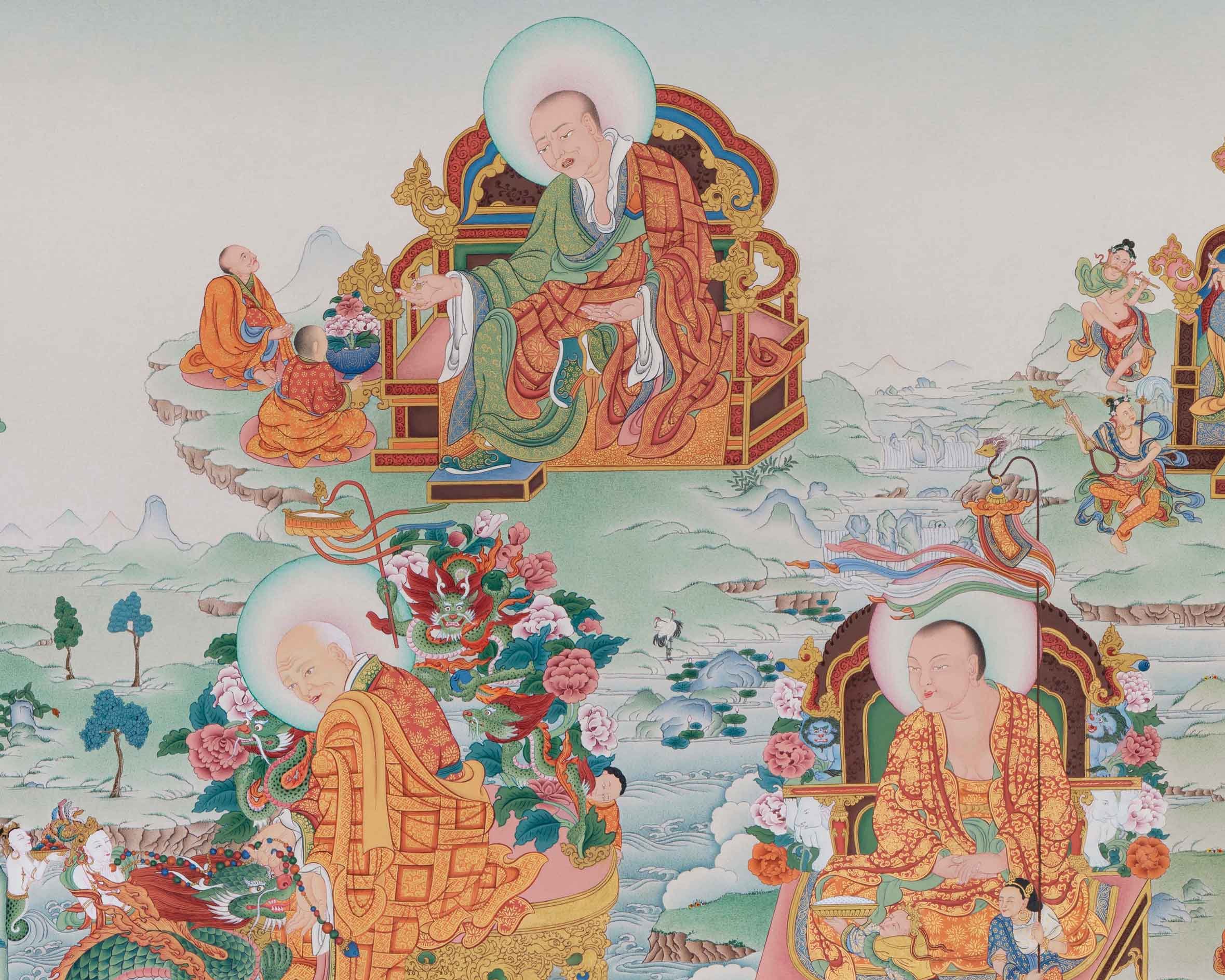 Buddha Shakyamuni with 16 Arhat Thangka, High Quality Giclee Canvas Print, Digital Print