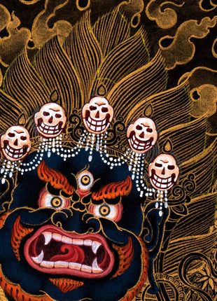 Mahakala Bernagchen Thangka, Traditional Black & Gold Tibetan Thangka Painting, includes Traditional Silk Brocade