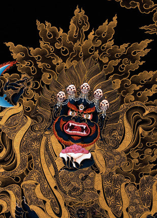Mahakala Bernagchen Thangka, Traditional Black & Gold Tibetan Thangka Painting, includes Traditional Silk Brocade