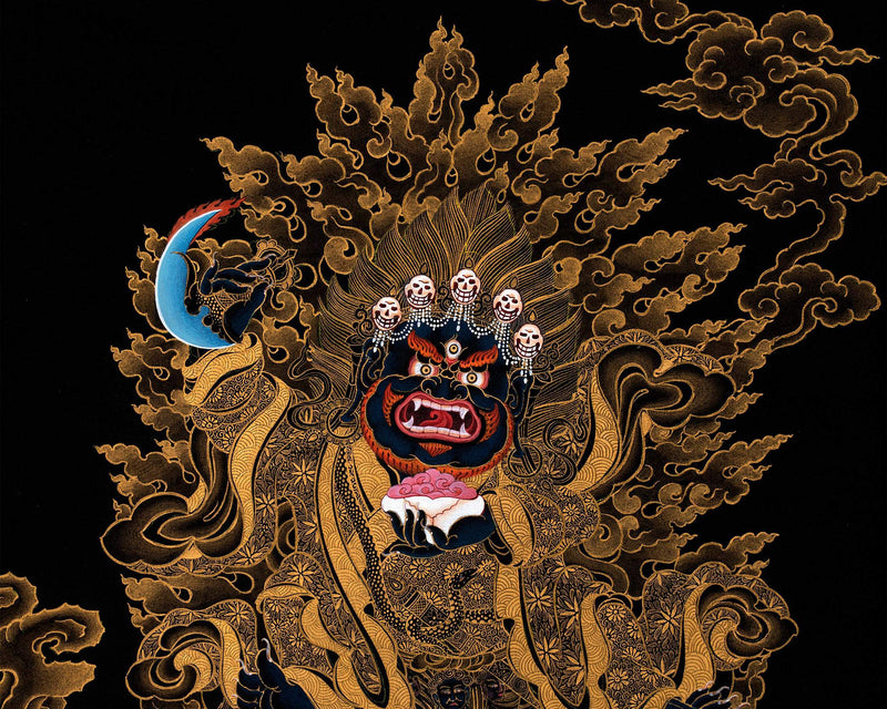 Mahakala Bernagchen Thangka, Traditional Black & Gold Tibetan Thangka Painting, includes Traditional Silk Brocade