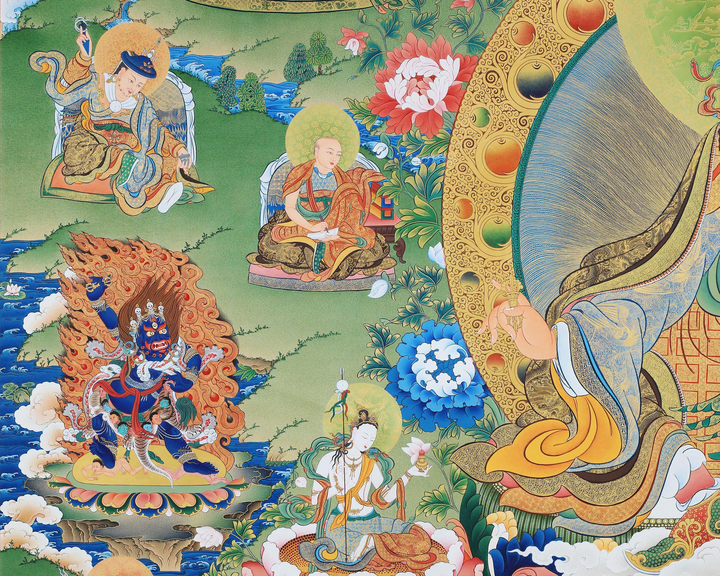 Guru Rinpoche Thangka, Eight Manifestation and 25 Disciples of Guru Padmasambhava, High Quality Giclee Canvas Print, Digital Print