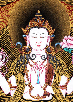Avalokiteshvara Bodhisattva Thangka, Chenresig, Tibetan Himalayan Vajrayana Buddhist art, Bodhisattva