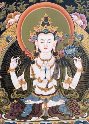 4 Armed Chengrezig | Avalokiteshvara Tibetan Thangka | Wall Decors