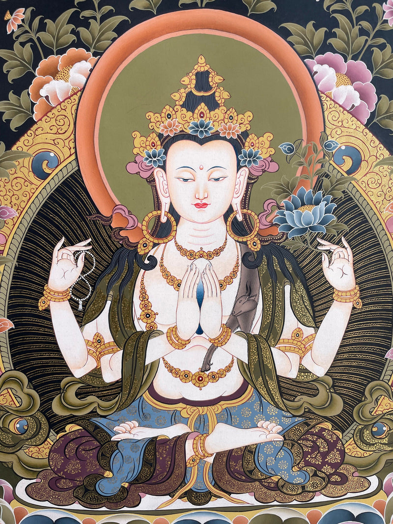 4 Armed Chengrezig | Avalokiteshvara Tibetan Thangka | Wall Decors