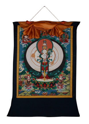 Vintage Arya Lokeshvara | Old Brocade mounted Chengrezig Thangka