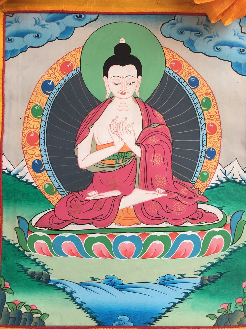 Small sized Vairochana Buddha Brocade Mounted | Original Hand Painted Tibetan Art