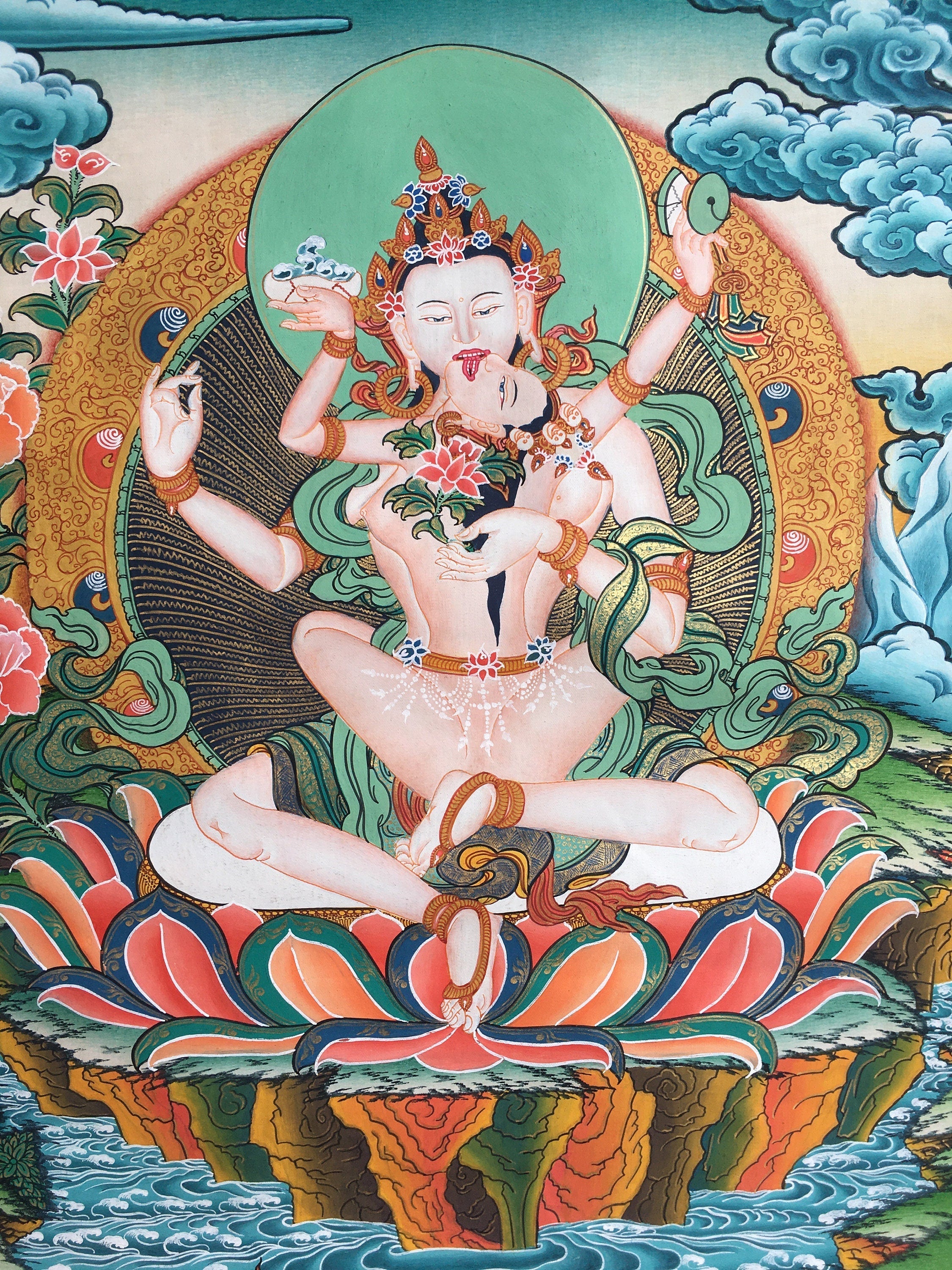 Sambhogakaya Yab Yum Thangka | Tibetan Thangka Painting for Wall Hanging