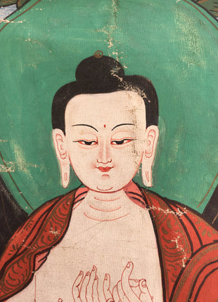 Vintage Vairocana Buddha Thangka | Mounted Brocade Art | Tibetan Wall Decoration