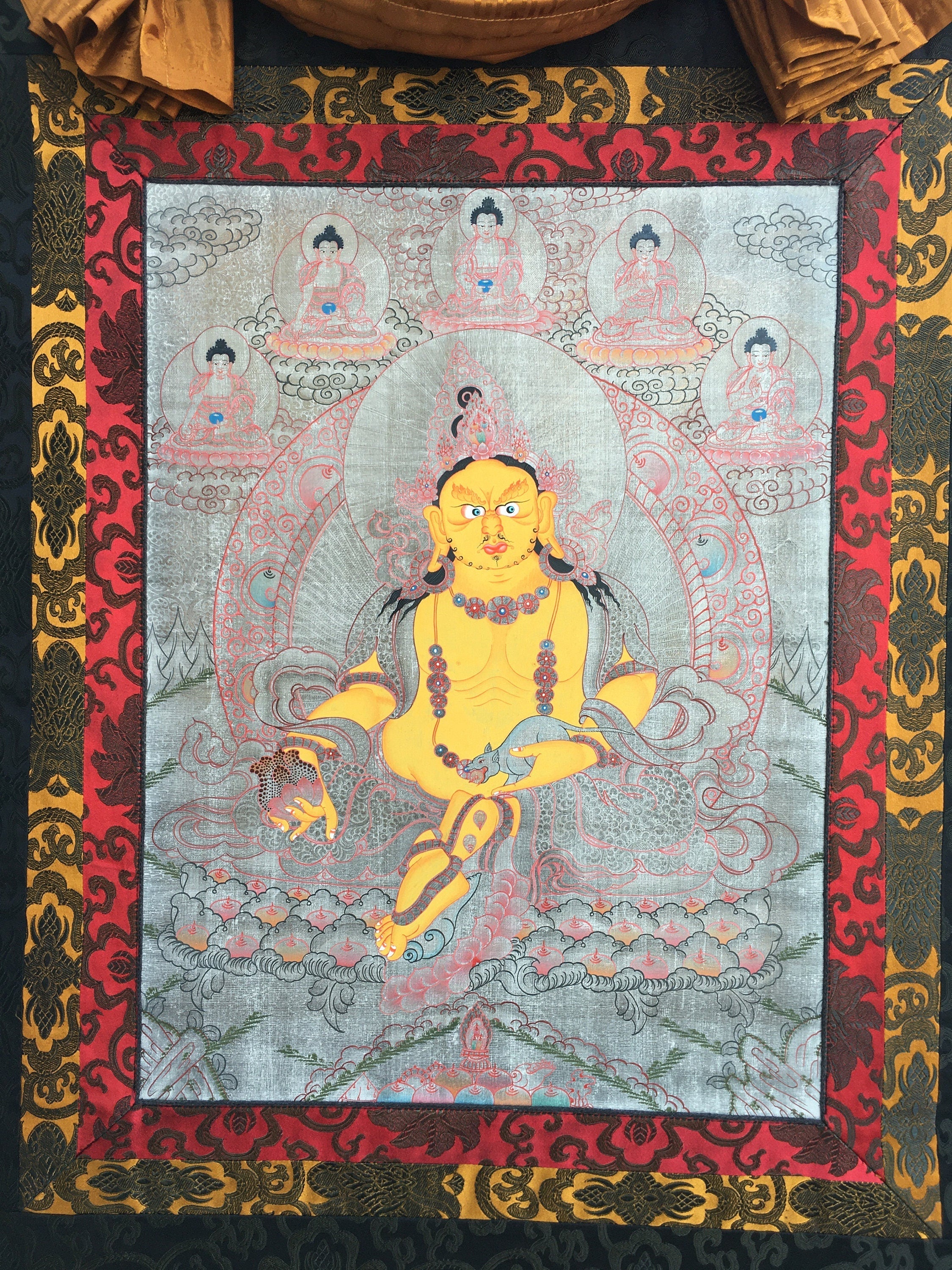 Dzambala Thangka Painting | Brocade Mounted Dzambhala Mantra