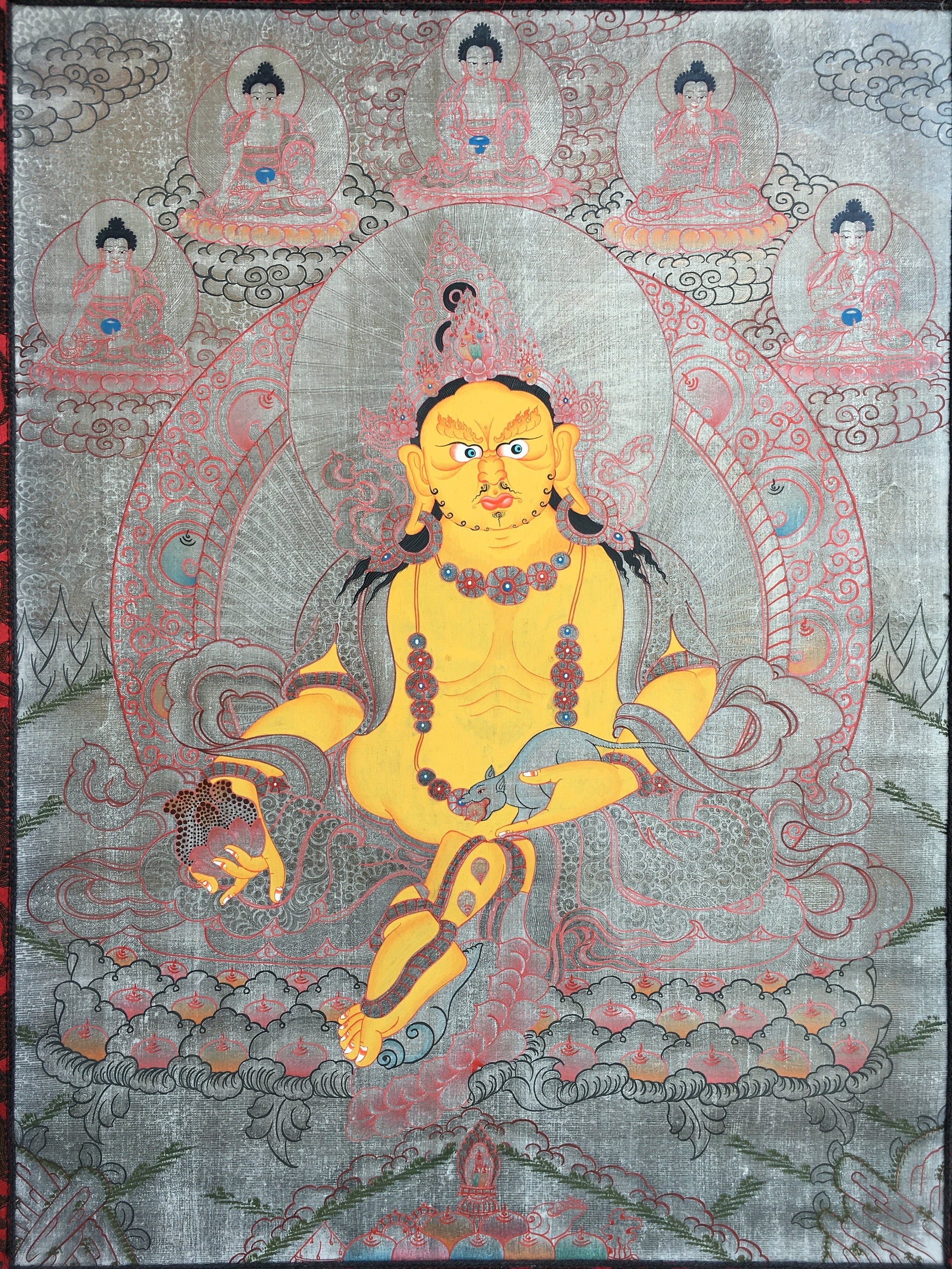 Dzambala Thangka Painting | Brocade Mounted Dzambhala Mantra