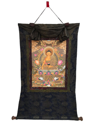 Shakyamuni Buddha Thangka Mounted on Brocade | Buddhist Hand Painted Art