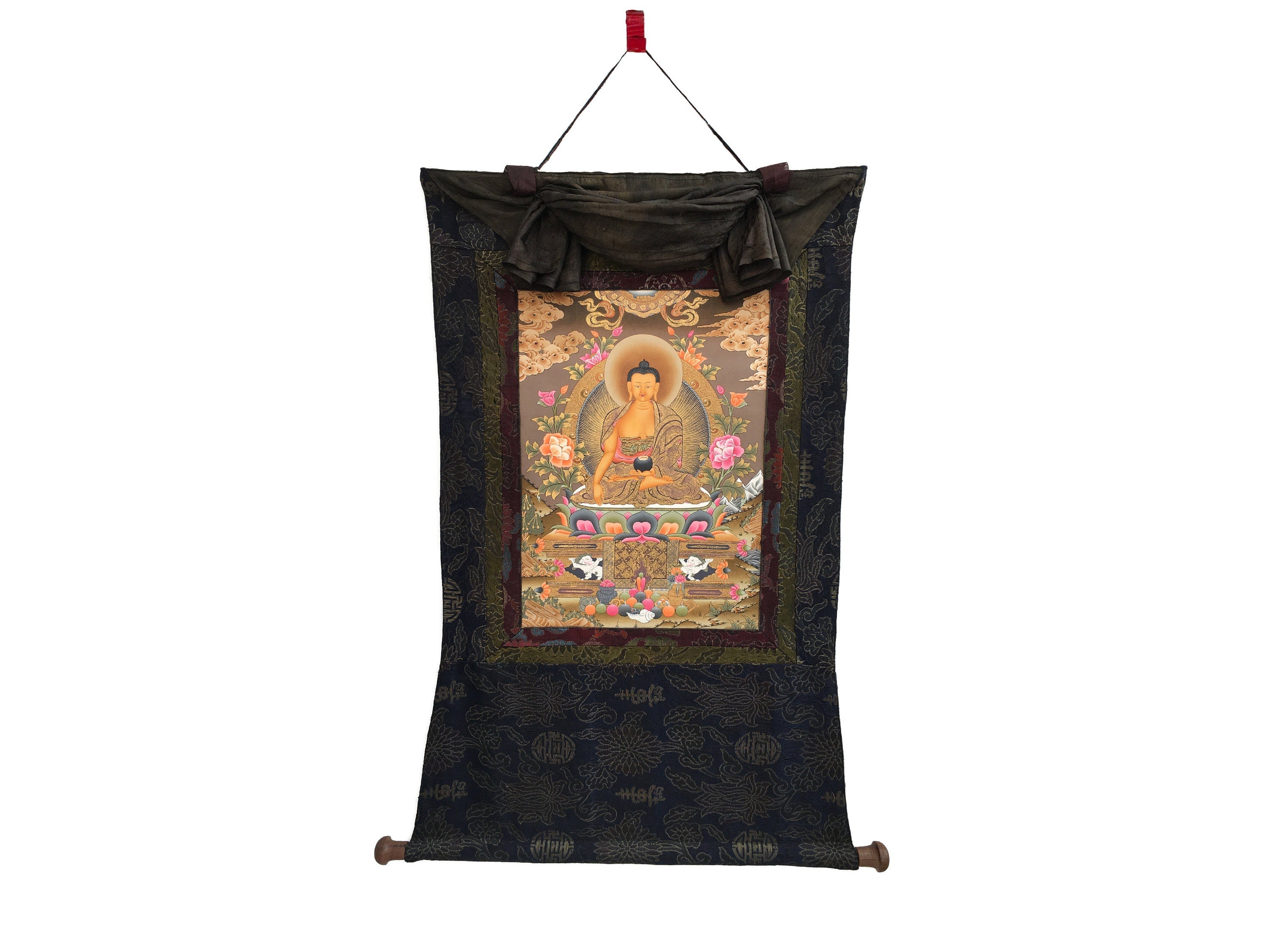 Shakyamuni Buddha Thangka Mounted on Brocade | Buddhist Hand Painted Art