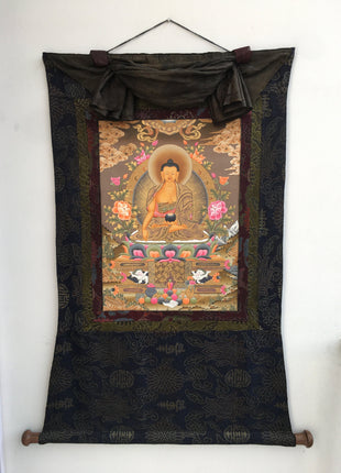 Shakyamuni Buddha Thangka Mounted on Brocade | Buddhist Hand Painted Art