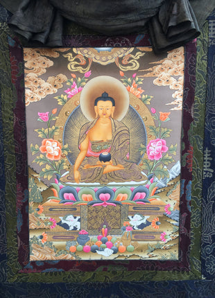 Shakyamuni Buddha Thangka Mounted on Brocade | Buddhist Hand Painted Art