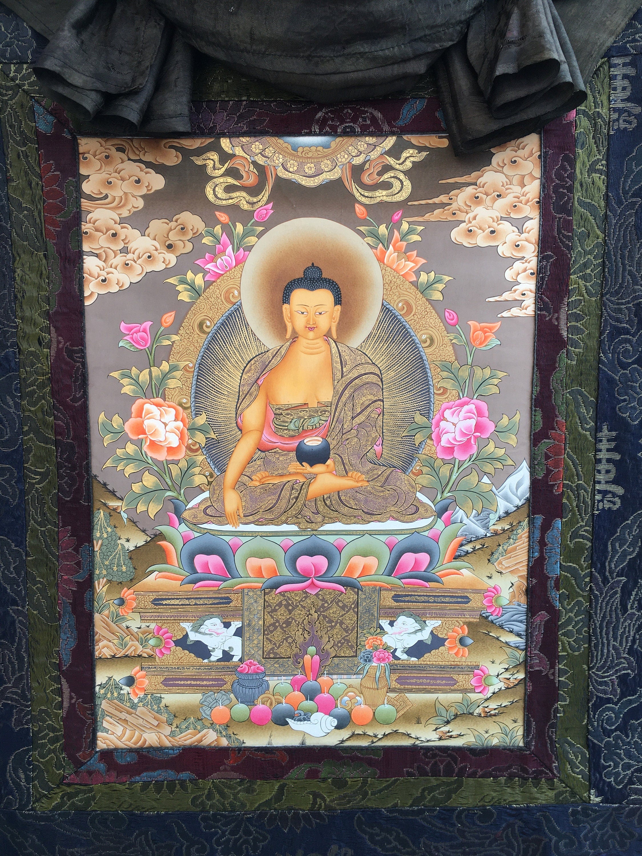 Shakyamuni Buddha Thangka Mounted on Brocade | Buddhist Hand Painted Art
