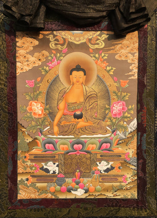 Shakyamuni Buddha Thangka Mounted on Brocade | Buddhist Hand Painted Art