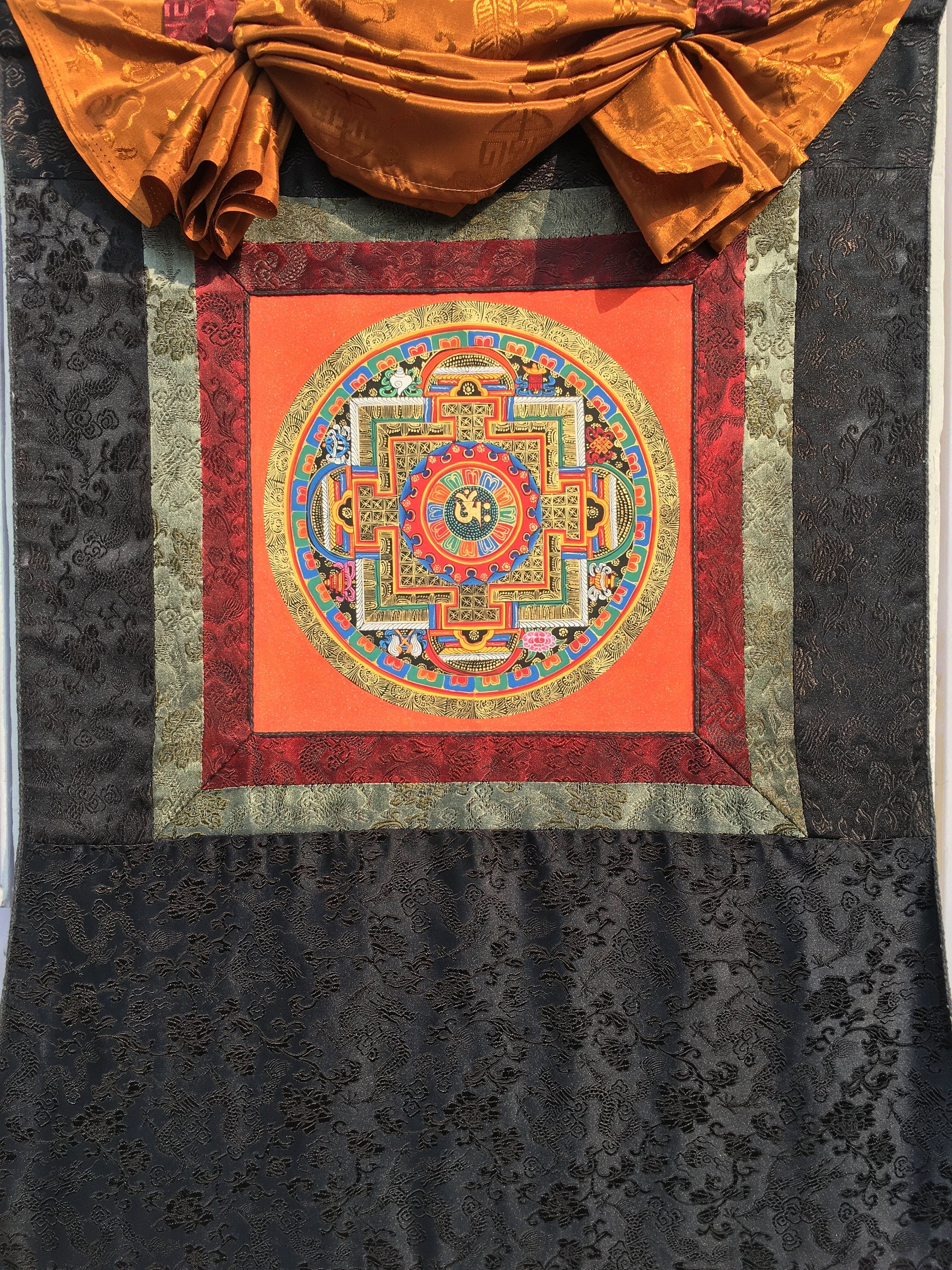 Brocade Om Mandala Thangka | Buddhist Handpainted Art | Religious Wall Decor