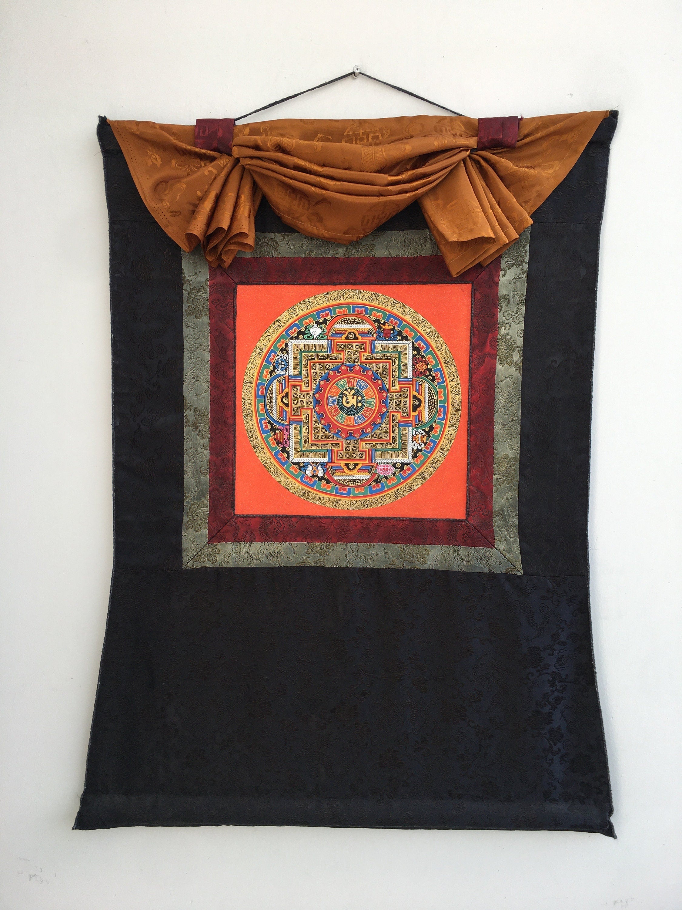Brocade Om Mandala Thangka | Buddhist Handpainted Art | Religious Wall Decor