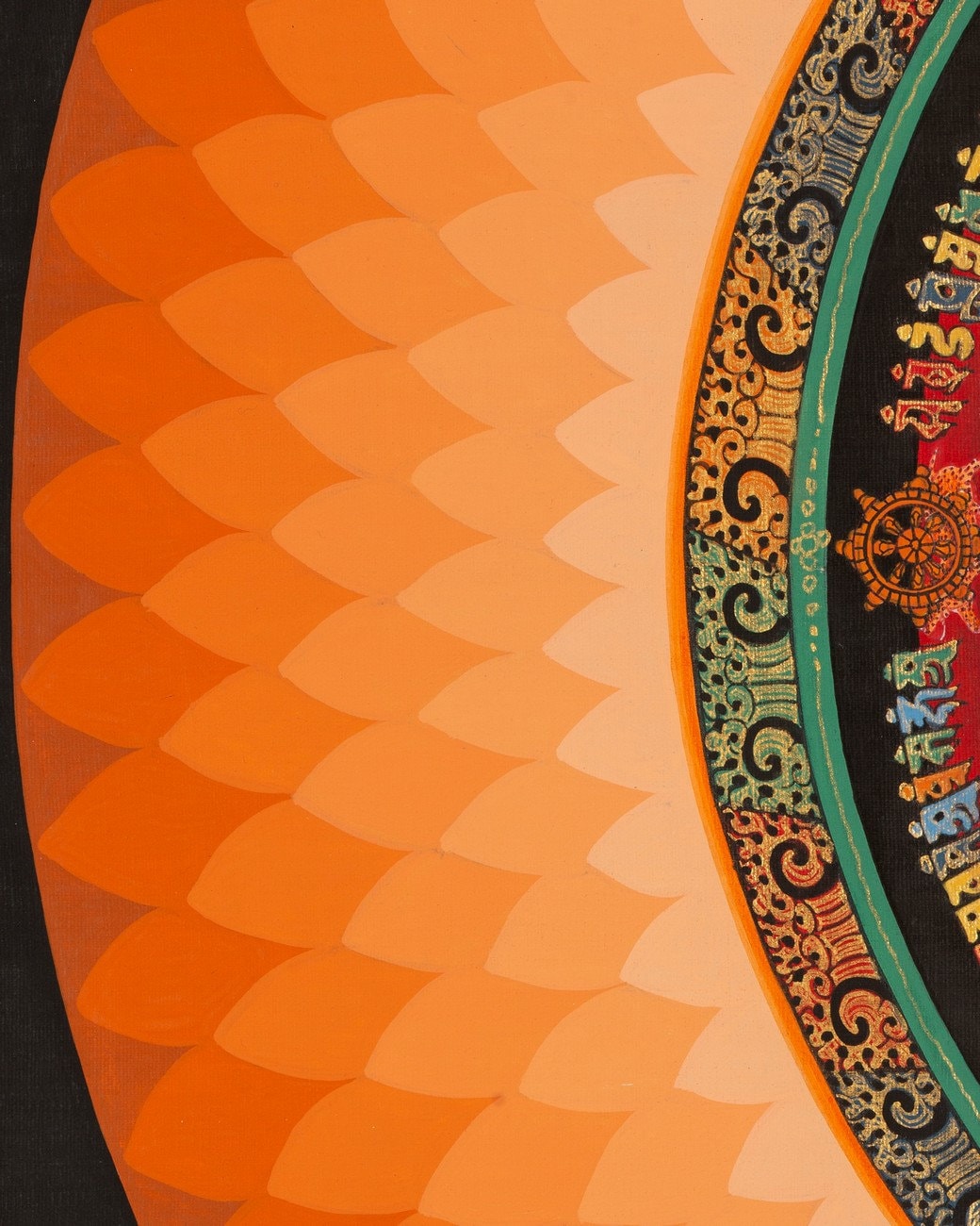 Aura Kalachakra Mandala | Orange Colored Flower Petal Shaped Halo | Handpainted Tibetan Art
