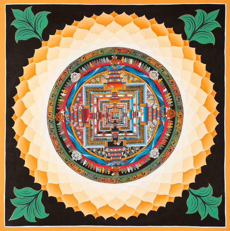 Tibetan Kalachakra Mandala Thangka | Tibetan Buddhist Art | Lotus Designed Wheel of Time Mandala | Genuine Hand Painted Tibetan Lotus Mandala