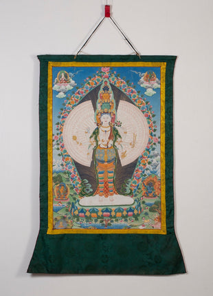 Vintage Avalokiteshvara Thangka | Manjushree, Vajrapani, White & Green Tara