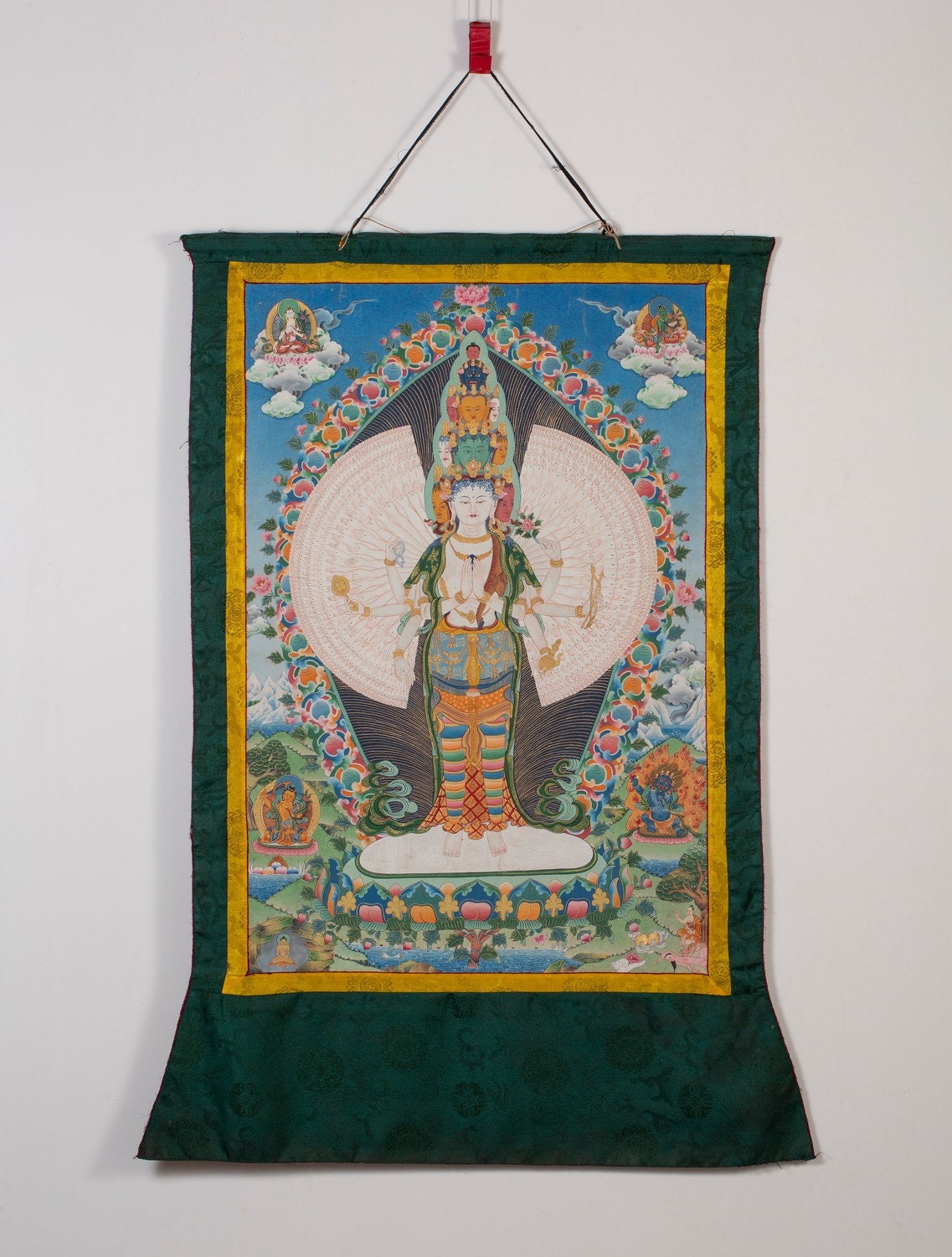 Vintage Avalokiteshvara Thangka | Manjushree, Vajrapani, White & Green Tara