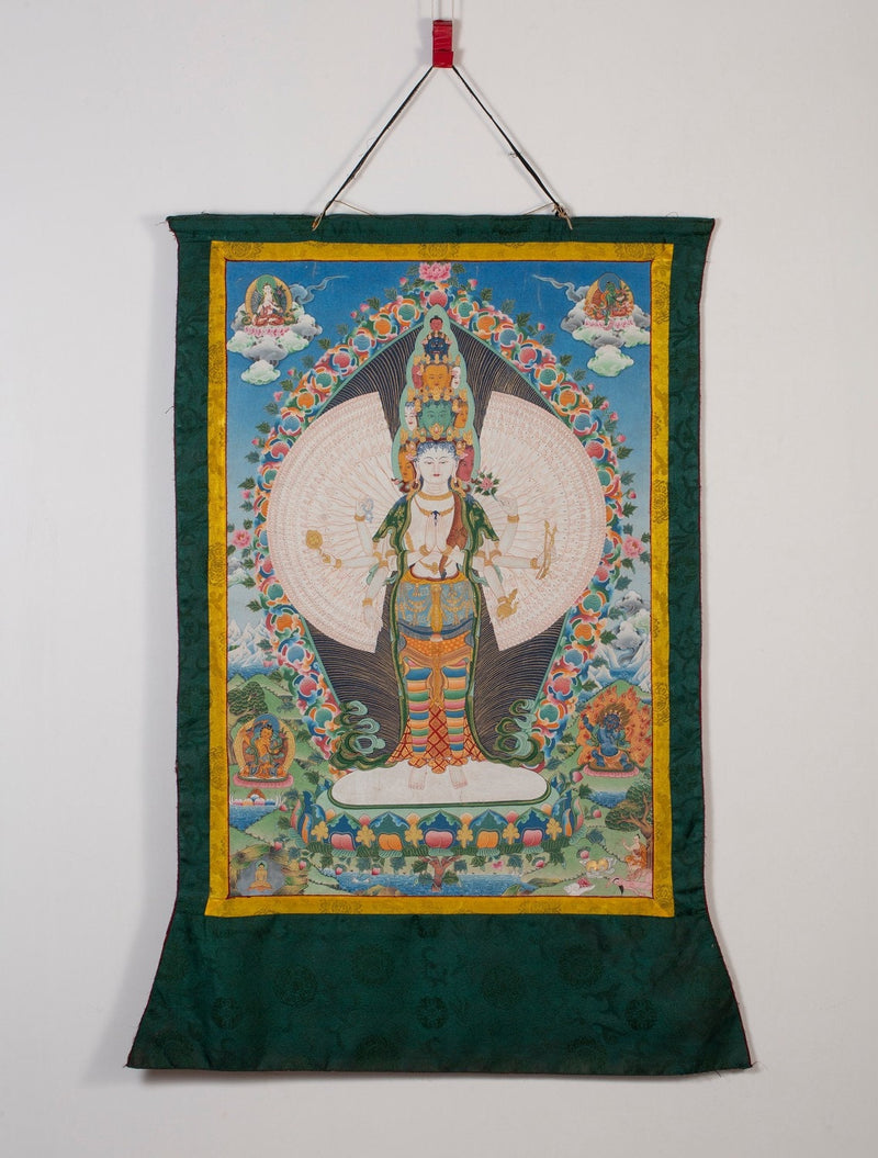 Vintage Avalokiteshvara Thangka | Manjushree, Vajrapani, White & Green Tara