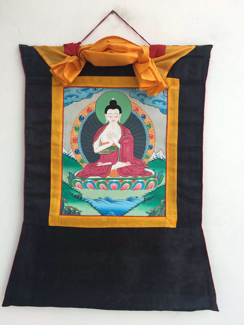 Small sized Vairochana Buddha Brocade Mounted | Original Hand Painted Tibetan Art