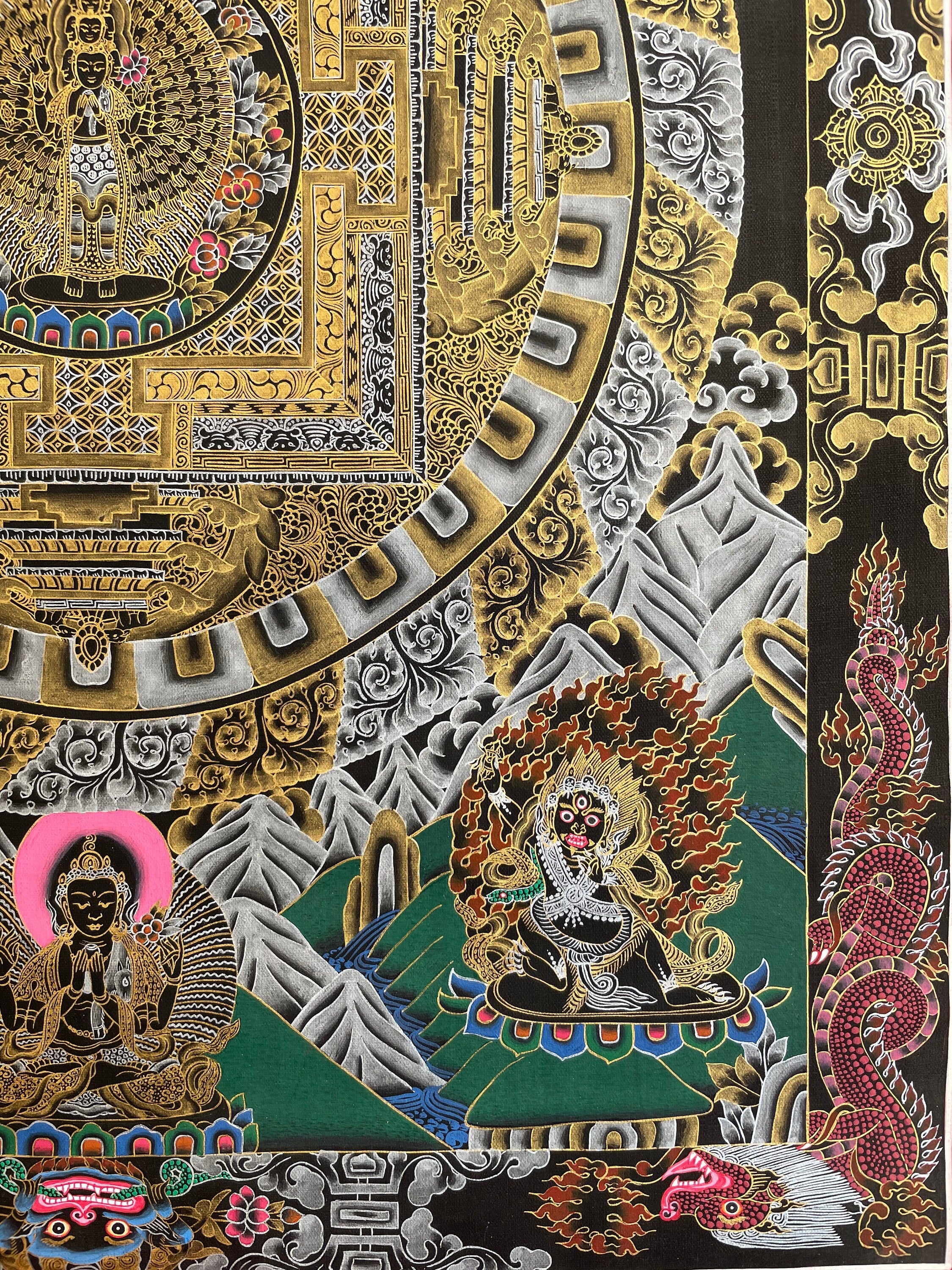 Lokeshvara Mandala Thangka | Black and Gold Tibetan Buddhist Wall Hanging Art