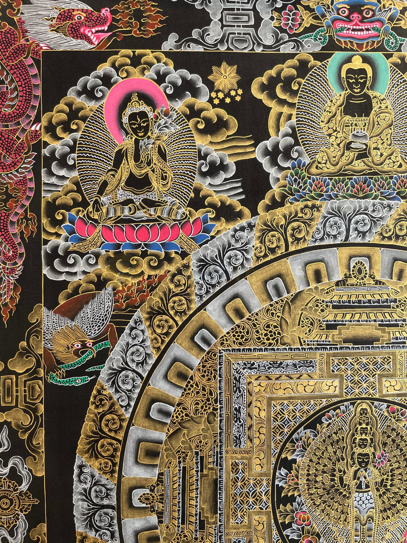 Lokeshvara Mandala Thangka | Black and Gold Tibetan Buddhist Wall Hanging Art
