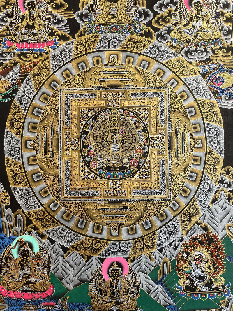 Lokeshvara Mandala Thangka | Black and Gold Tibetan Buddhist Wall Hanging Art